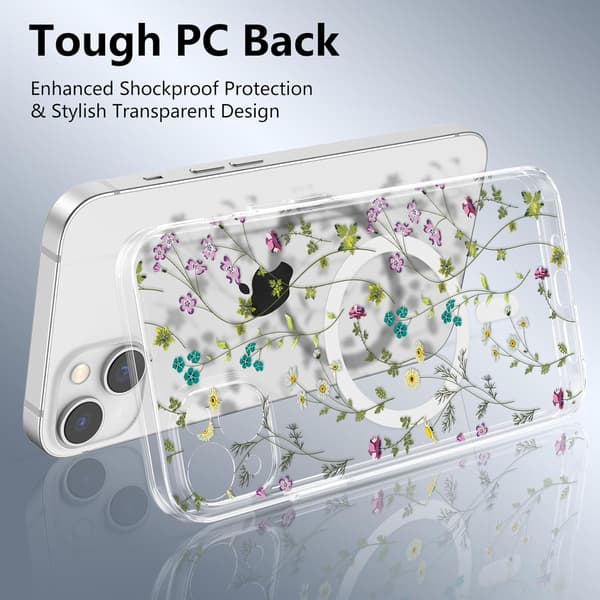 iPhone 13 Case, Magsafe Magnetic Compatible, Shockproof, Floral Pattern Protective Case, Clear Silicone, Anti-Yellowing, iPhone 13 Case