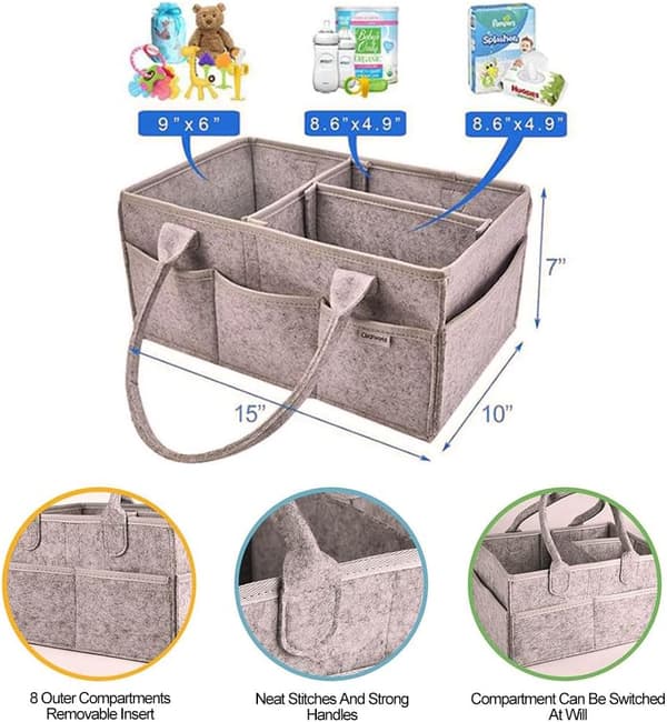 Felt Diaper Caddy for Babies, Diaper Organizer, Portable Storage Basket, Large Nursery Bag with Interchangeable Compartments