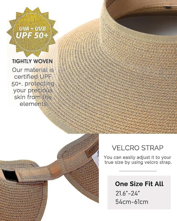 Women's Sun Hats, Wide Brim Straw Hat, Roll-up Packable Ponytail Summer Beach