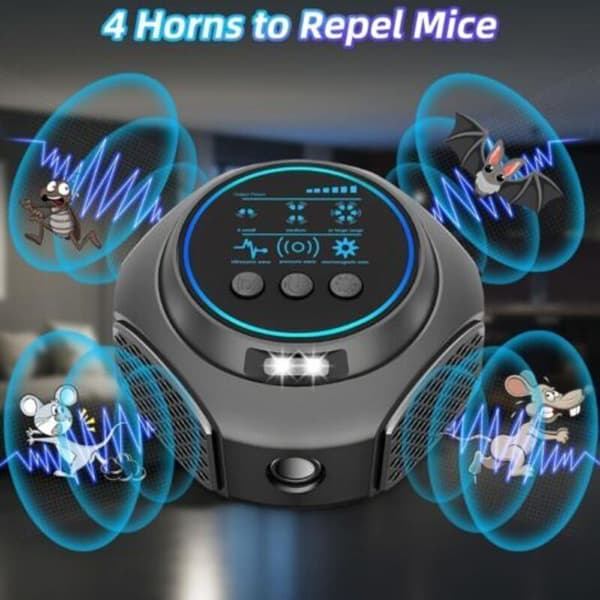 360° Ultrasonic Rodent Repeller with LED Light, Effective Against Rats, Mice, Voles, and Dormice.