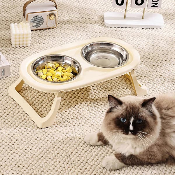 Dobbelt skål hundefoderstation Stænktæt rustfrit stål kæledyrsfoderautomater Forhøjet hundeskål foderstander Rustfrit stål beige Stainless steel beig