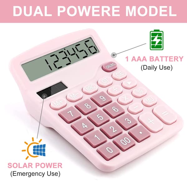 Calculators, 12-Digit Desktop Calculator with Large Display and Large Buttons, Solar Battery Dual Power Sources Office Calculator (Pink) Pink