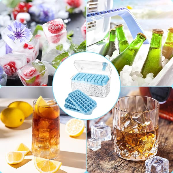 150 Cubes Ice Cube Mold with Lid Including Container, Easily Press to Release Ice, 3 Tiers, Scoop (Blue)