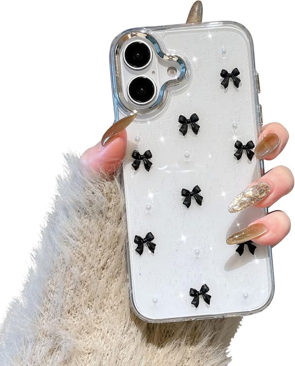 Case for iPhone 16 Plus, Bling Glitter 3D Bow Phone Case Cute Sparkly Crystal Clear Bow Slim Soft Durable Protective Cover Black Black iPhone 16 Plus