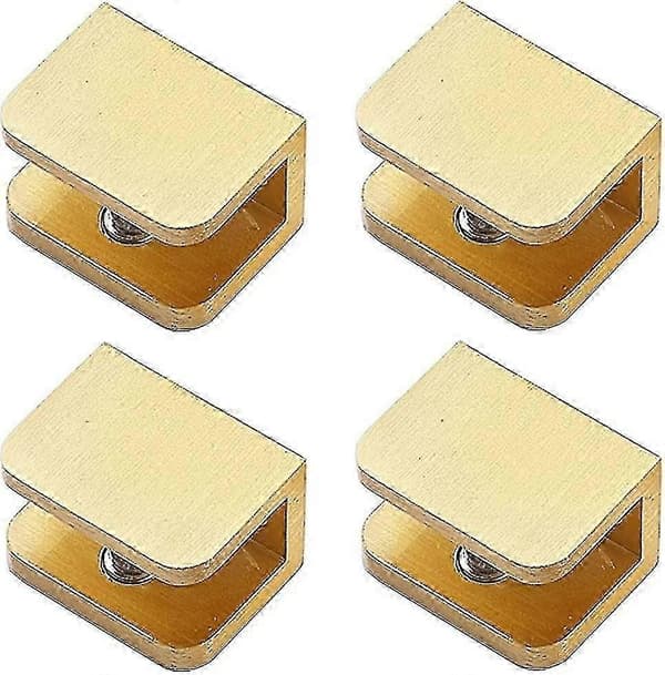 Guld 4-pack Borrfria Glashyllklämmor för 10-12 mm Tjocka Glashållarklämmor