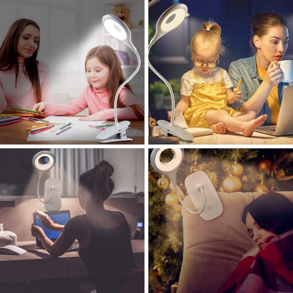 LED Desk Lamp, USB Cable Rechargeable Clip on Reading Light, 3 Light Modes