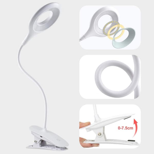 LED Desk Lamp, USB Cable Rechargeable Clip on Reading Light, 3 Light Modes