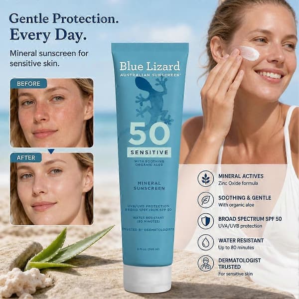 Blue Lizard Australian Sunscreen, Sensitive Mineral Sunscreen, SPF 50, 89 ml 89ml 1pcs