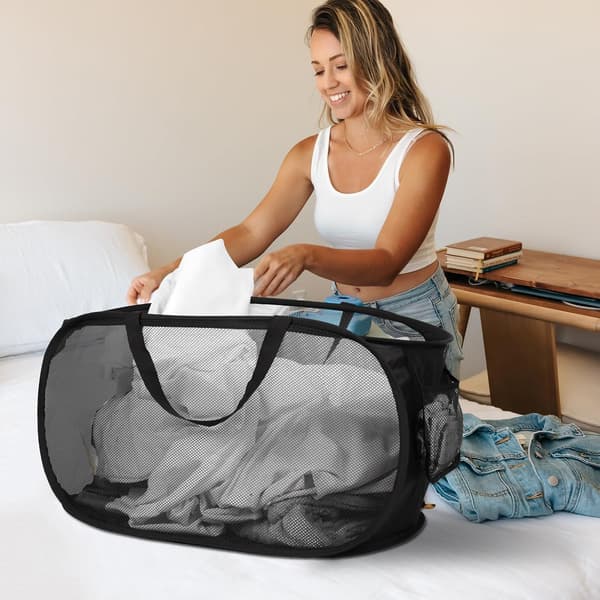 Durable Foldable Laundry Baskets, Mesh Pop Up Laundry Hamper, for Laundry, Bathroom, Kids Room or Travel Black