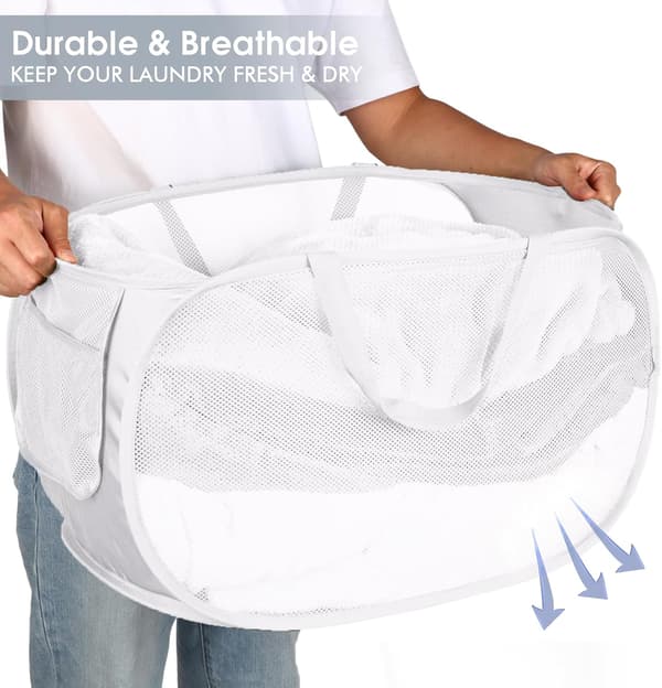 Durable Foldable Laundry Baskets, Mesh Pop Up Laundry Hamper, for Laundry, Bathroom, Kids Room or Travel White