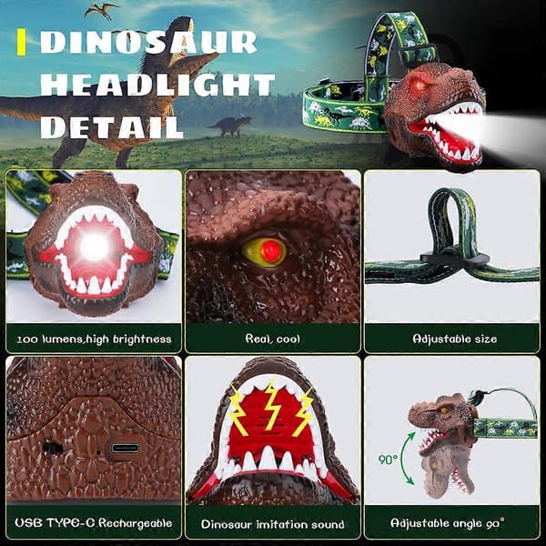 LED Dinosaur Hodelykt for Barn med Justerbart Hodebånd Campingutstyr USB-lading Dinosaurleke