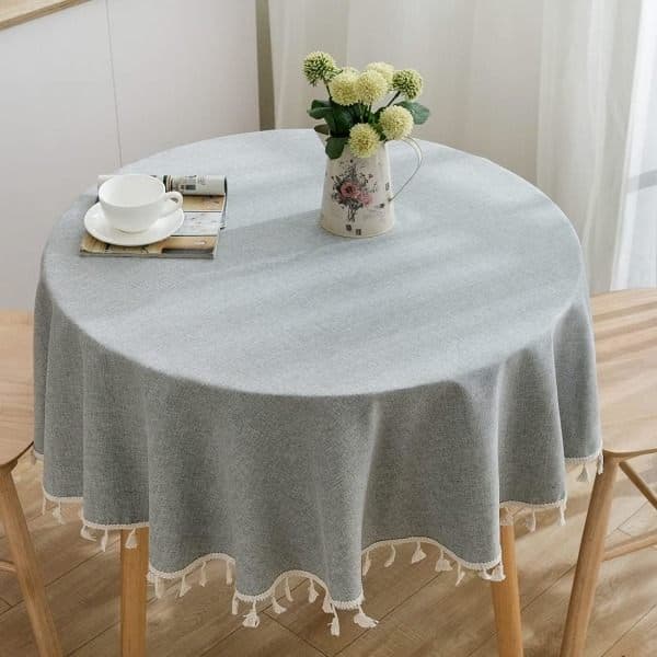 Fringe Solid Thick Tablecloth Round with Tassels for Kitchen, Party, Holiday, Picnic (Grey, Diameter 59\")