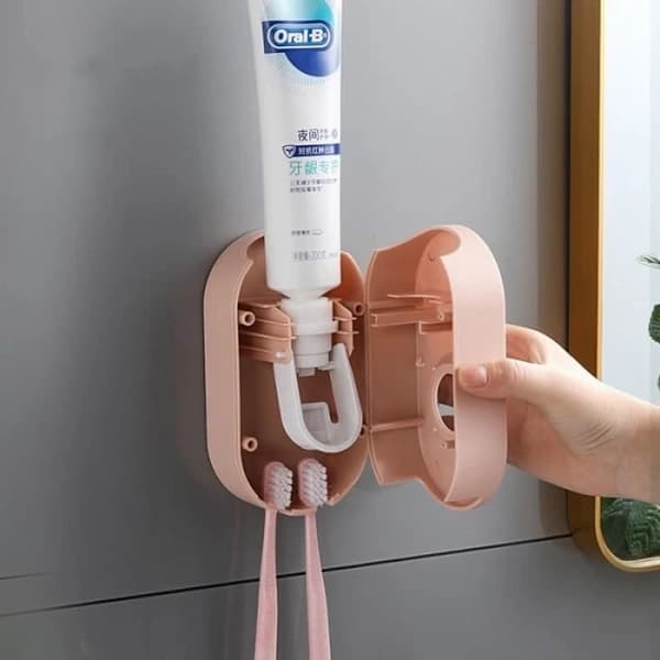 Two-piece automatic self-adhesive toothpaste dispenser set, toothbrush holder, wall-mounted suction cup toothpaste dispenser