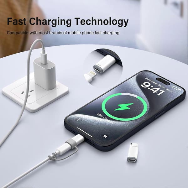 4-pakning Lightning til USB C-adapter for iPhone 15/16/17 Pro/17 Pro Max, for iPhone 17/16-lader, 17/16-tilbehør, rask lading og dataoverføring, USB C C