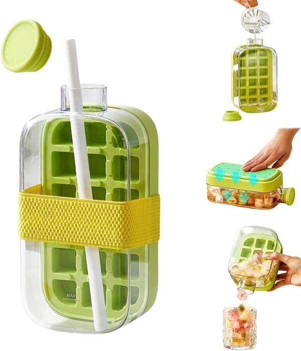 Green 2-in-1 Ice Cube Bottle with Straw - 800ml Touch-Free Ice Maker & Water Bottle for Coffee, Juice, Drinks, Easy Release
