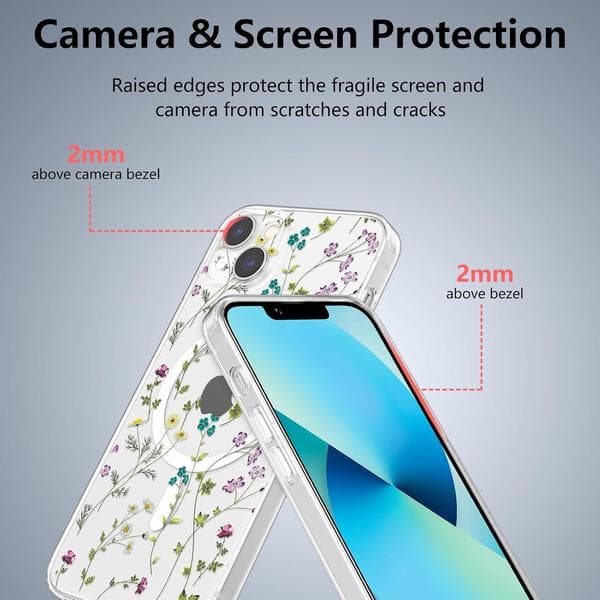 iPhone 13 Case, Magsafe Magnetic Compatible, Shockproof, Floral Pattern Protective Case, Clear Silicone, Anti-Yellowing, iPhone 13 Case