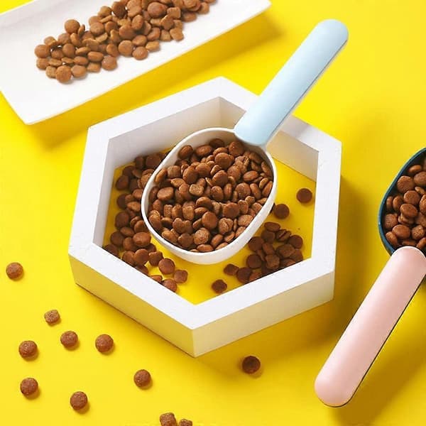 Foder Scoop & Klips (Hvid/Lyseblå) 50g, Hund, Kat Måle Plastik Scoop, Hund Lille Hamster Kanin Foder, Blå/Hvid
