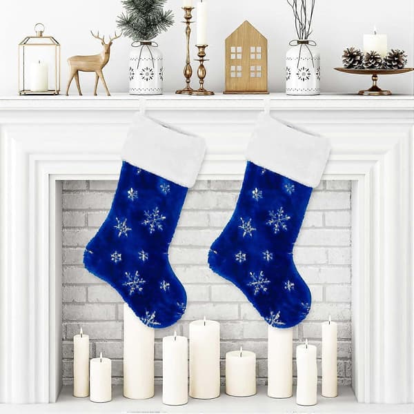 2 Pak Jule Strømper Store 22 Tommer Blå Sølv Snefnug Mønster Strømper Klassiske Julepynt Julefest