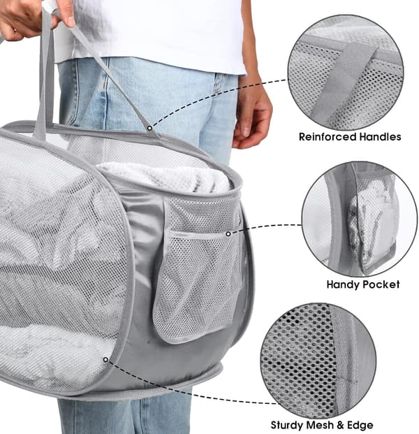 Durable Foldable Laundry Baskets, Mesh Pop Up Laundry Hamper, for Laundry, Bathroom, Kids Room or Travel Gray