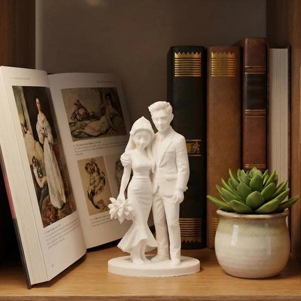 3D-printad brudpar bröllopstårta topper, elegant parskulptur för heminredning, romantisk Vit