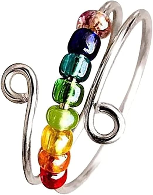 Drive Away Your Anxiety with Rainbow Beads Fidget Ring, Beads Spinner Ring, Adjustable Opening