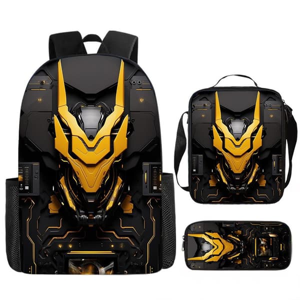Mechanical Style 3-Piece School Bag Set - Large Backpack for Students, Anime Cartoon Design, Water-Resistant & Durable 1