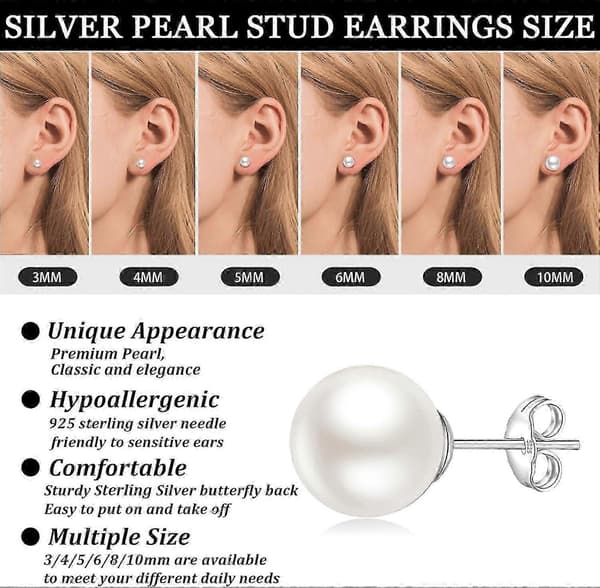 925 Sterling Sølv Perle Øredobber Studs Sett - Hypoallergene Små Skinnende Studs for Kvinner, 6 Par