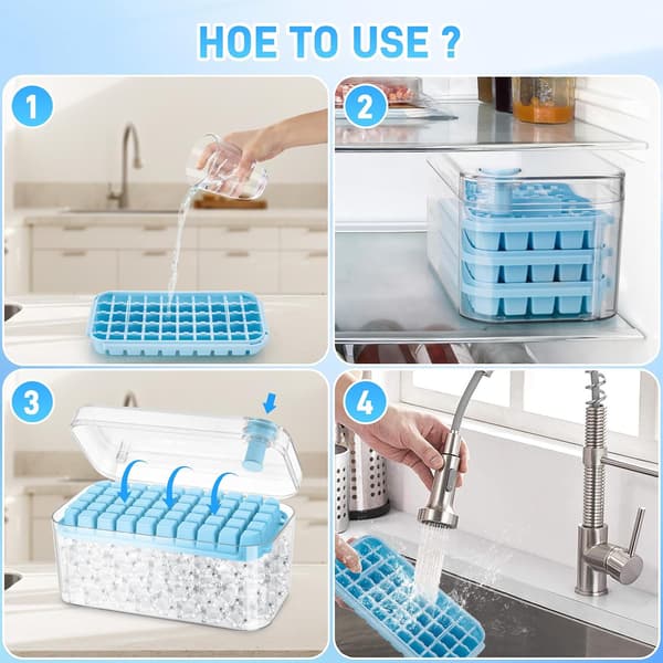 150 Cubes Ice Cube Mold with Lid Including Container, Easily Press to Release Ice, 3 Tiers, Scoop (Blue)