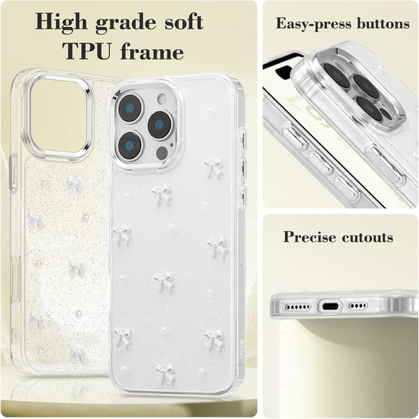 Case for iPhone 16 Pro Max, Bling Glitter 3D Bow Phone Case Sparkling Crystal Clear Bow Slim Soft Durable Protective Cover White White 16 Pro Max