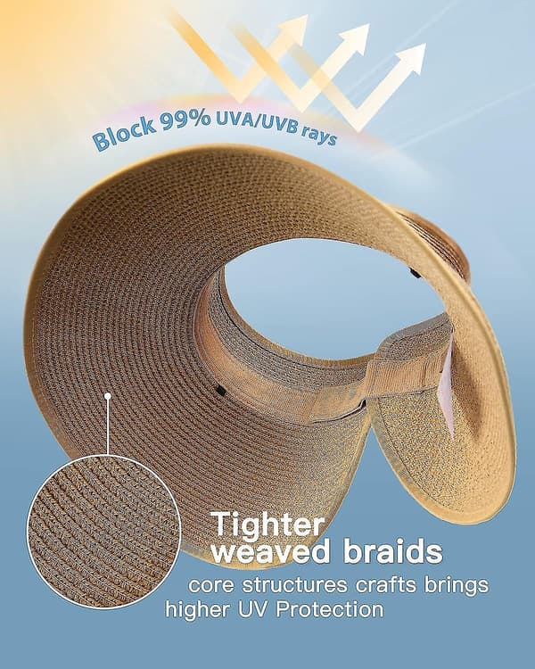 Women's Sun Hats, Wide Brim Straw Hat, Roll-up Packable Ponytail Summer Beach
