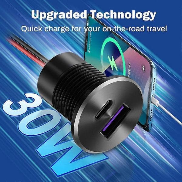 12V USB-uttak innfelt montering 30W PD Type-C & 18W QC3.0 aluminium rask billader