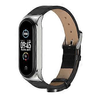 Læderrem til Xiaomi Mi Band 6 / 5 / 4 / 3 (Sort Sølv)