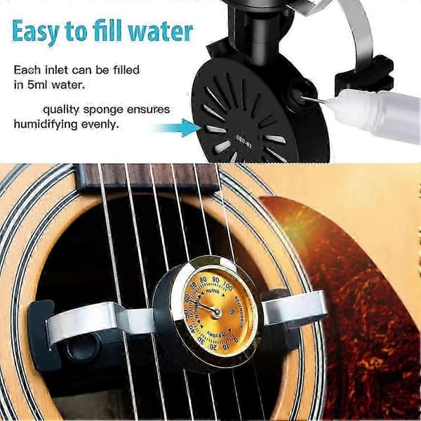 Akustisk gitar lydhull luftfukter 2 i 1 hygrometer fuktighetskrem fuktighetspleiesystem gitardel Black