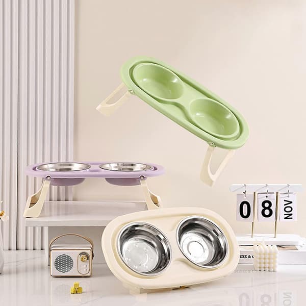 Dobbelt skål hundefoderstation Stænktæt rustfrit stål kæledyrsfoderautomater Forhøjet hundeskål foderstander Rustfrit stål beige Stainless steel beig