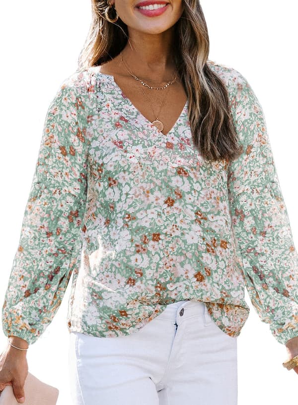 Dame Casual Boho Blomstret Print V-hals Langærmede Løse Bluser