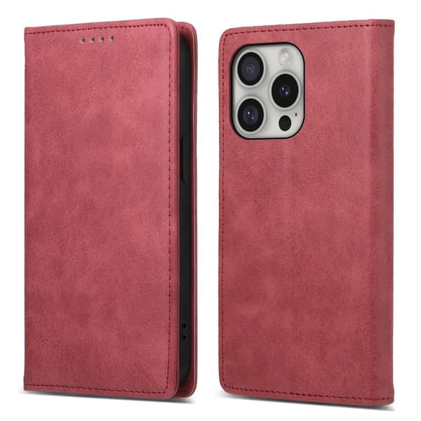 DF-05 iPhone 16 Pro Wallet Case RFID Blocking Vegan Leather Phone Cover - Red Röd red