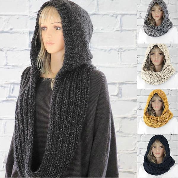Strikket Hette Skjerf Ensfarget Varm og Komfortabel Integrert Hette og Skjerf Beige