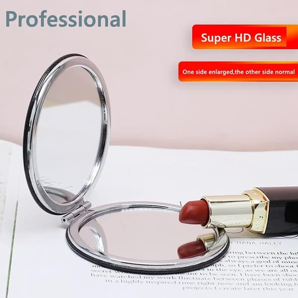 Makeup Mirror, 6.7 cm Round Folding Mirror, Professional Double-Sided Makeup Mirror (one side magnified, the other side normal) PU Surface Mirror