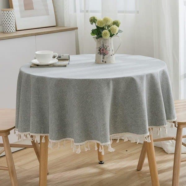 Fringe Solid Thick Tablecloth Round with Tassels for Kitchen, Party, Holiday, Picnic (Grey, Diameter 59\")