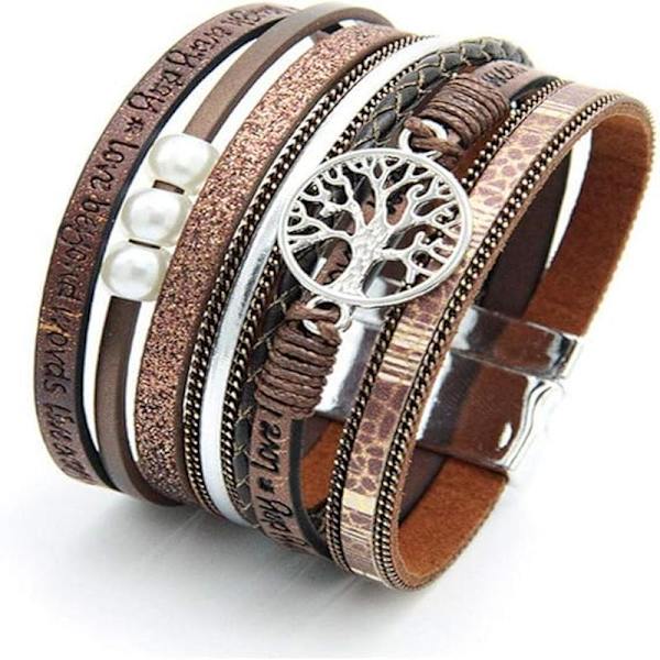 Kvinde & Pige Livets Træ Læderarmbånd Multi-Layer Wrap
