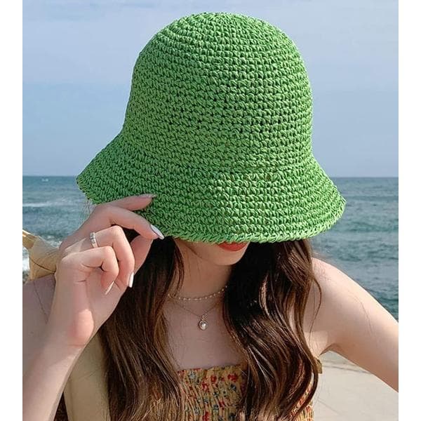 Women's Straw Sun Hat Woven Crochet Bucket Hat Fishing Hat Beach Hat Foldable Cap Solid Color Straw Summer Beach Hat