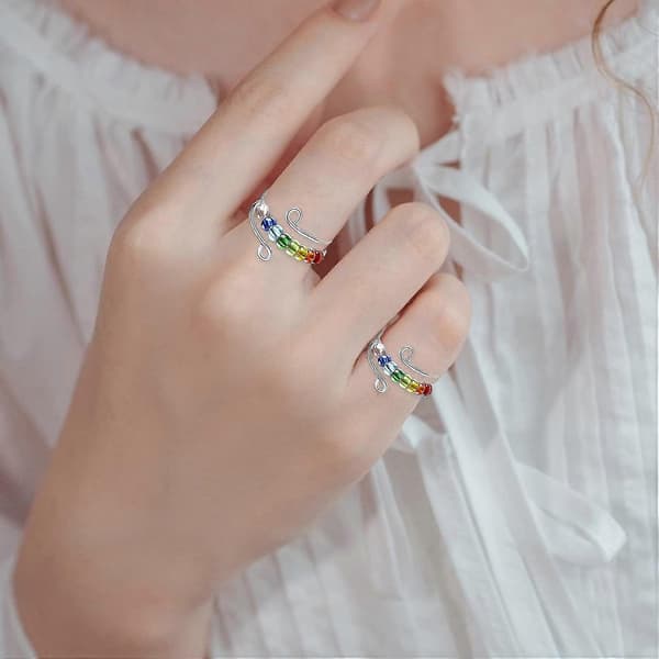 Kjør bort angsten din Regnbueperler Fidget Ring, Angstringer for kvinner Spinner