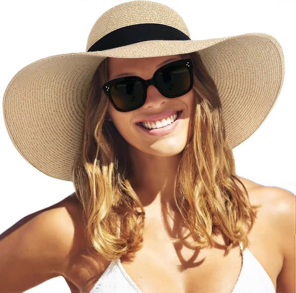 Dame Solstråhat Bred Skygge UPF 80 Sommerhat Sammenfoldelig Pakbar Floppy Strandhatte til Kvinder Blanda Beige Medium-Large