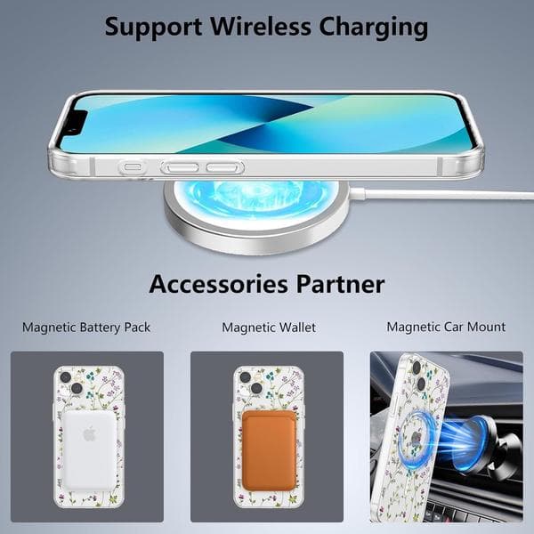 iPhone 13 Case, Magsafe Magnetic Compatible, Shockproof, Floral Pattern Protective Case, Clear Silicone, Anti-Yellowing, iPhone 13 Case
