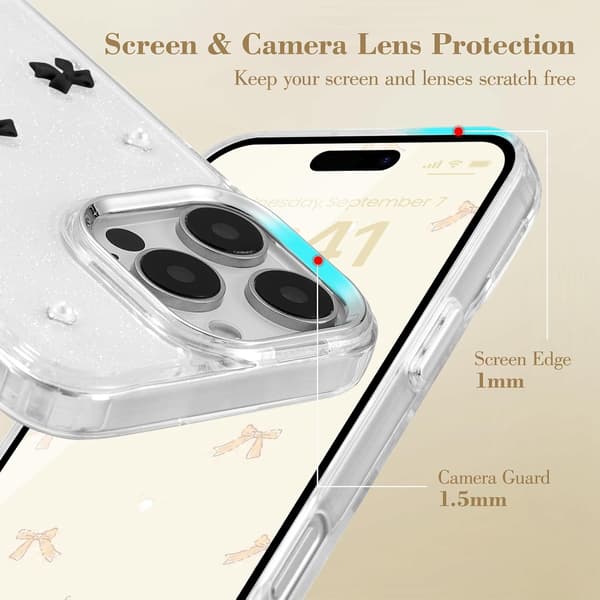 Case for iPhone 16 Pro, Bling Glitter 3D Bow Phone Case Cute Glittery Crystal Clear Bow Slim Soft Durable Protective Case Black Black iPhone 16 Pro
