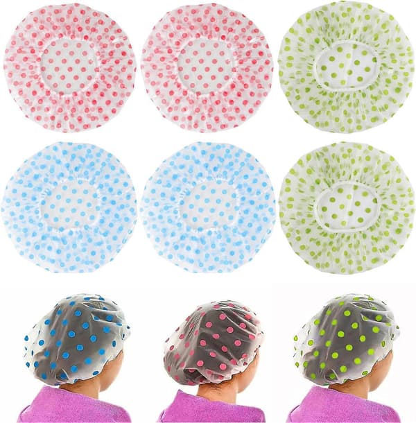 6-pack återanvändbara duschmössor, lätta duschmössor i plast, elastisk fiber av hög kvalitet (27 cm)