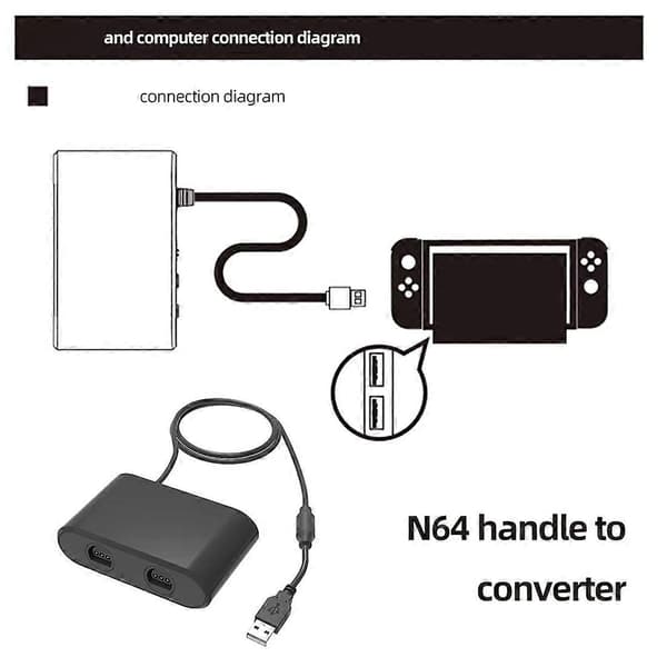 USB-adapteromvandlare för Nintend 64, kontrolladapter 2 portar Gamepad Gaming Converter för Switch/OLED Model PC Window Black