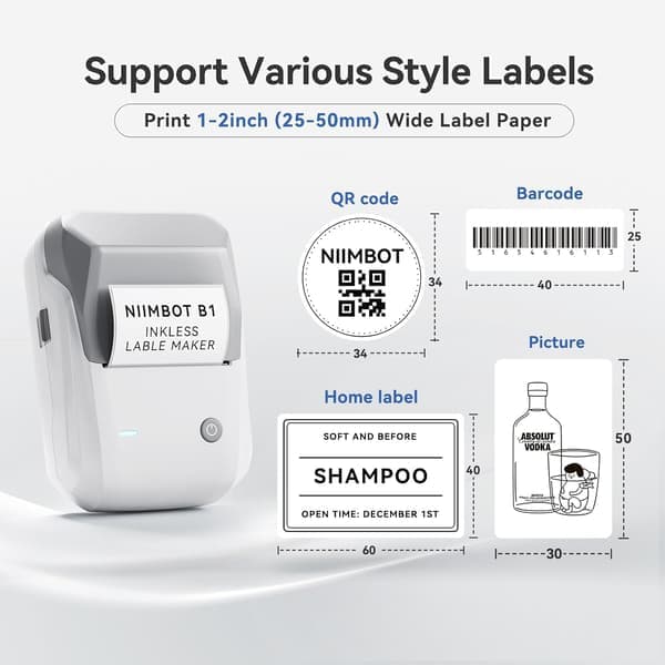 B1 etiketprinter med 1 rulle startetape, Bluetooth-etiketprinter, printstørrelse 20-50 mm, kompatibel med grå Gray