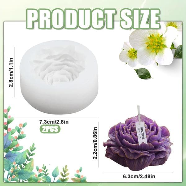 Silikonlysform, 2 stk, peonrose, støpeformer, lys silikonformer, 3D silikonform, lys, blomster, lysformer for DIY