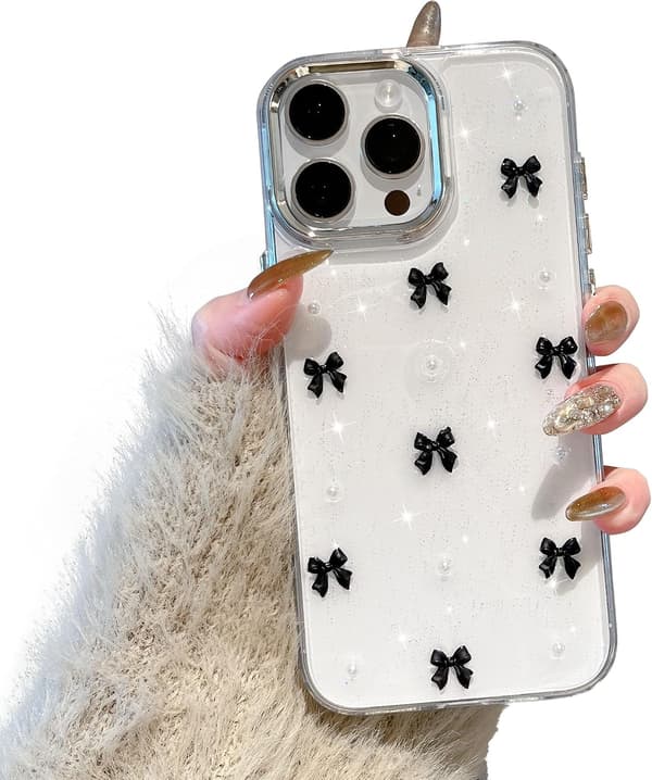 Case for iPhone 14 Pro Max, Bling Glitter 3D Bowknot Phone Case Cute Sparkly Crystal Clear Bow Slim Soft Durable Protective Cover Black Black iPhone 14 Pro Max